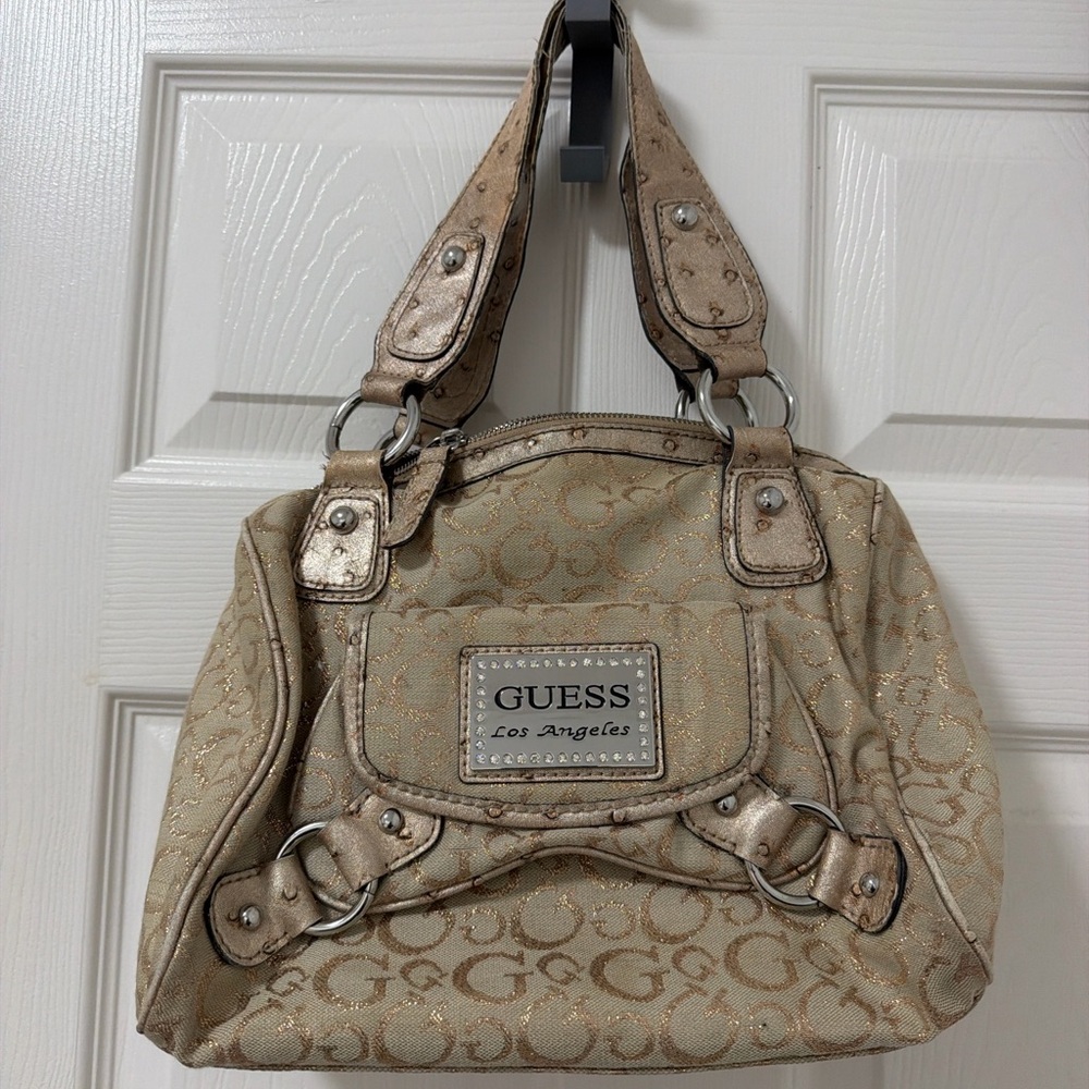Vintage Guess Metallic Gold Jacquard Logo Shoulder Bag